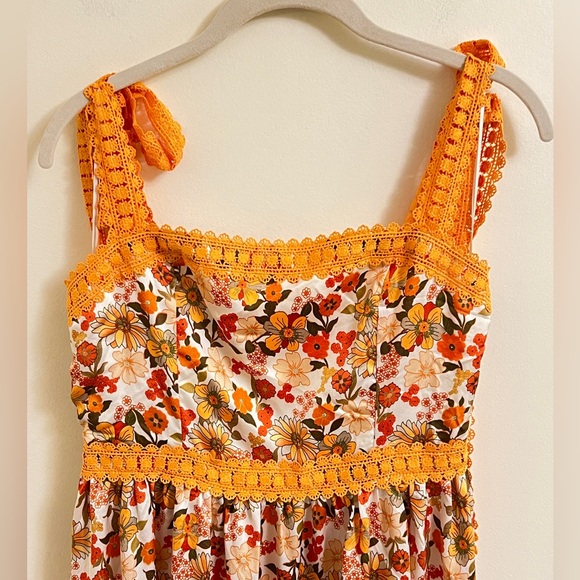 Vibrant Floral Maxi Dress Orange Crochet Straps Tiered Lined Boho Festival Med - Picture 2 of 11